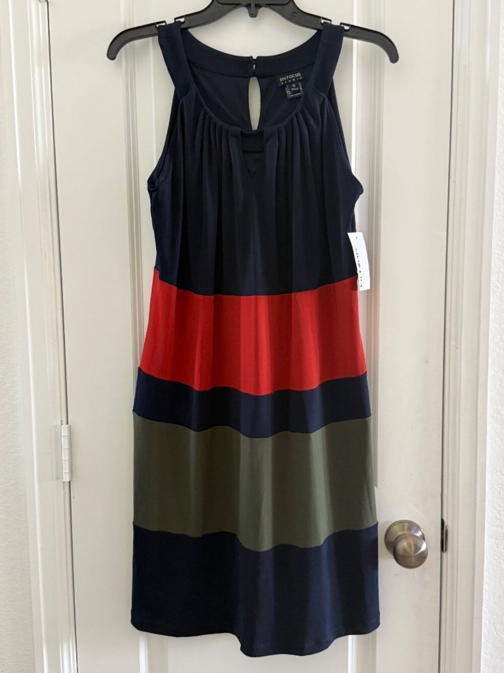 En Focus Studio Sleeveless Striped Shift Dress Size 12 Navy/Red/Olive Colorblock - Picture 2 of 8